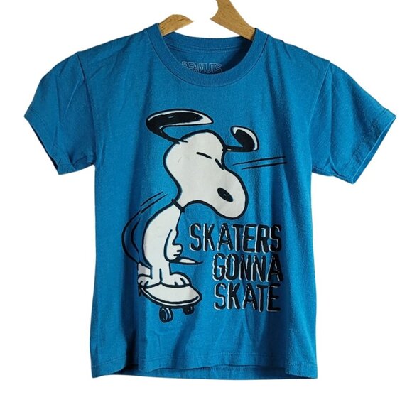 2/$15 Peanuts Snoopy T Shirt Blue XS Skaters Gonna Skate Short Sleeve Crew 2015 - Picture 1 of 7
